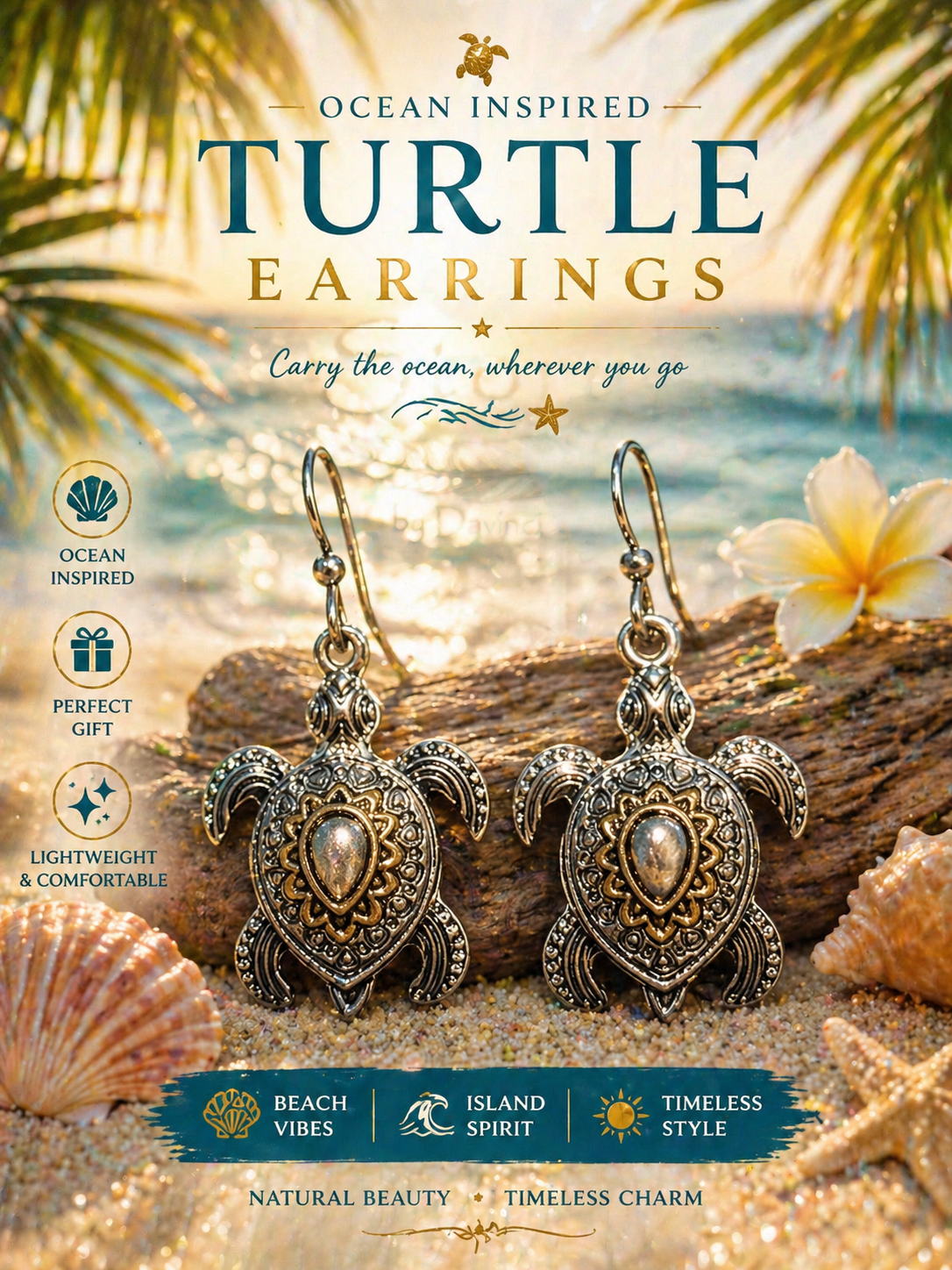 Turtle Dangle Earrings Gold Silver Tone Metal Hook Lightweight Beach Sea Life
