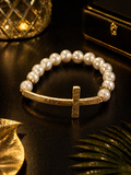 Imitation Pearl Beaded Bracelet White Round Dangle Cross Charm Religious Theme