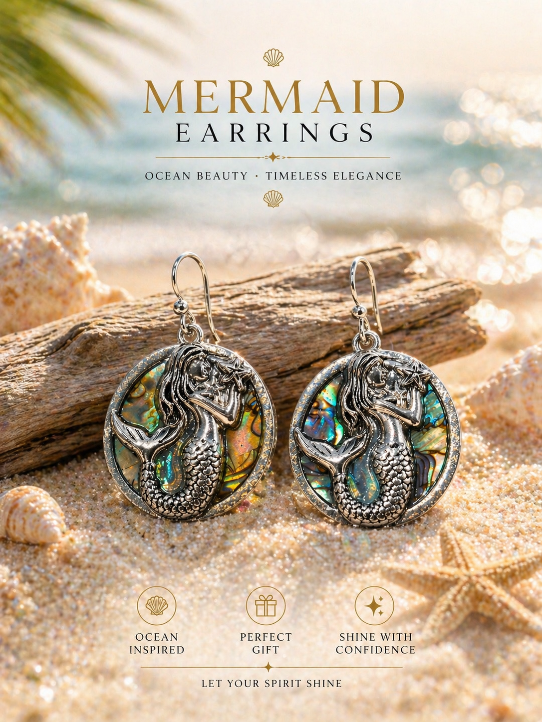 Mermaid Abalone Shell Dangle Earrings Silver Multicolor Round Ocean Hook Women
