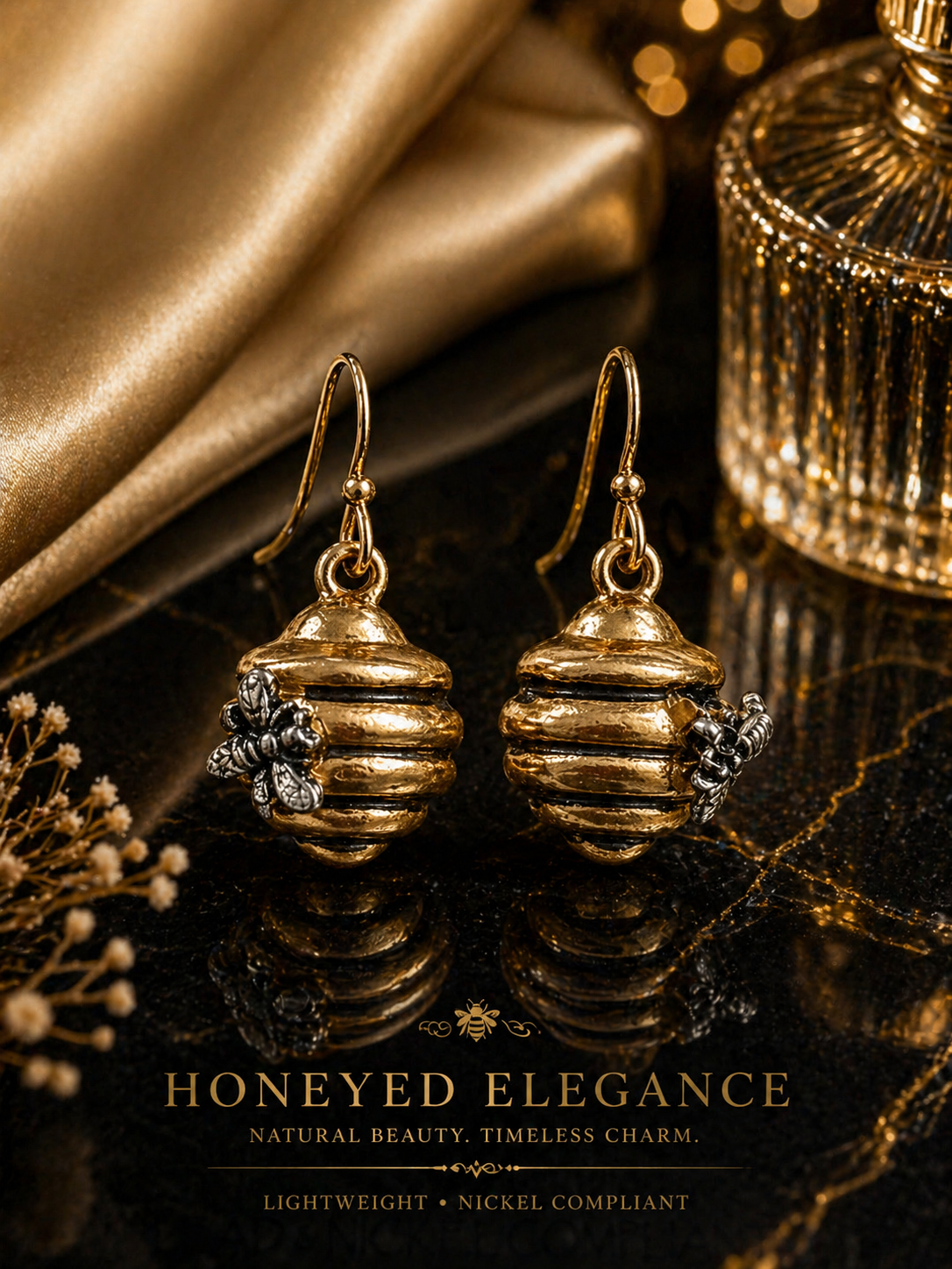 Bee Hive Drop Earrings – Gold Vintage Honey Bee Jewelry