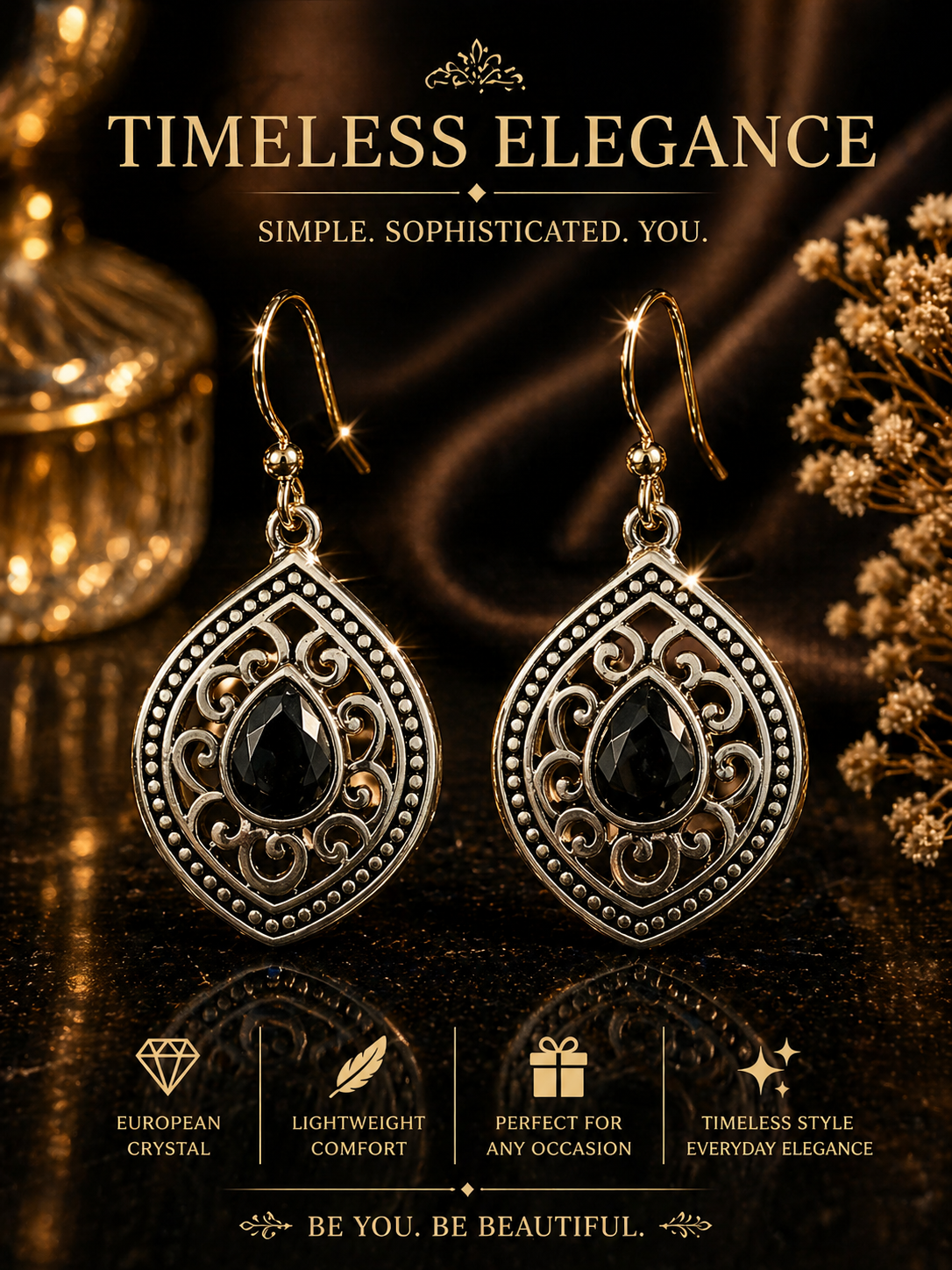 Teardrop Dangle Earrings Silver Tone Metal Hook White/Colorless black