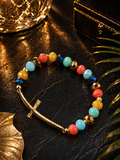 Multicolor Beaded Bracelet with Gold Cross Charm, Religious Theme, Dangle