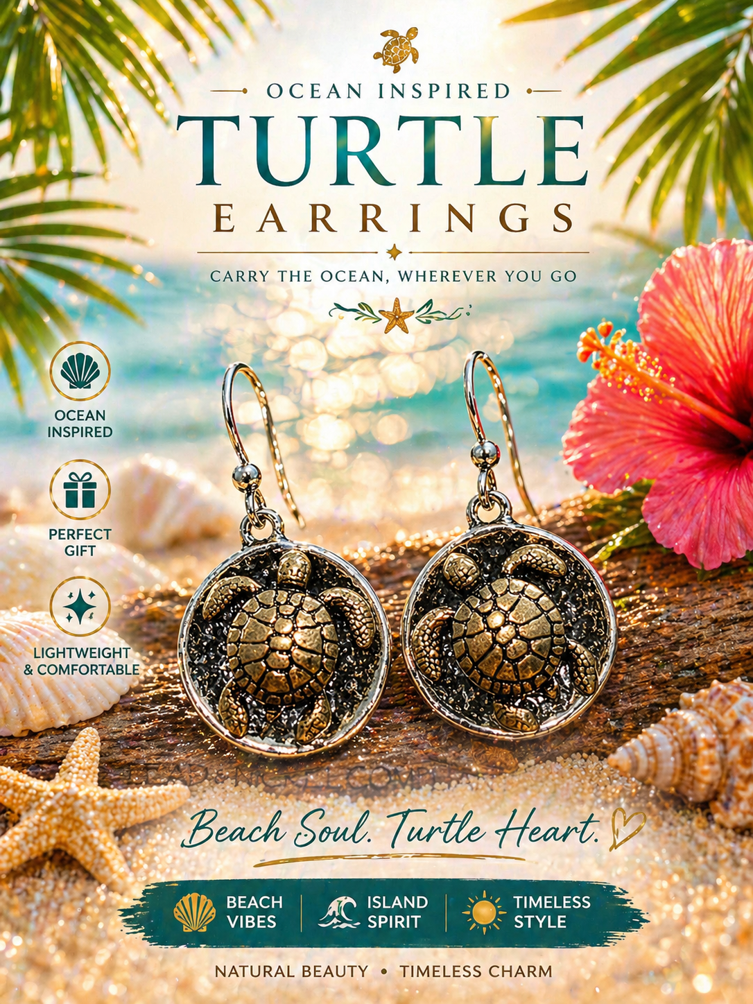Turtle Round Dangle Earrings Gold Silver Tone Metal Hook Lightweight Sea Life