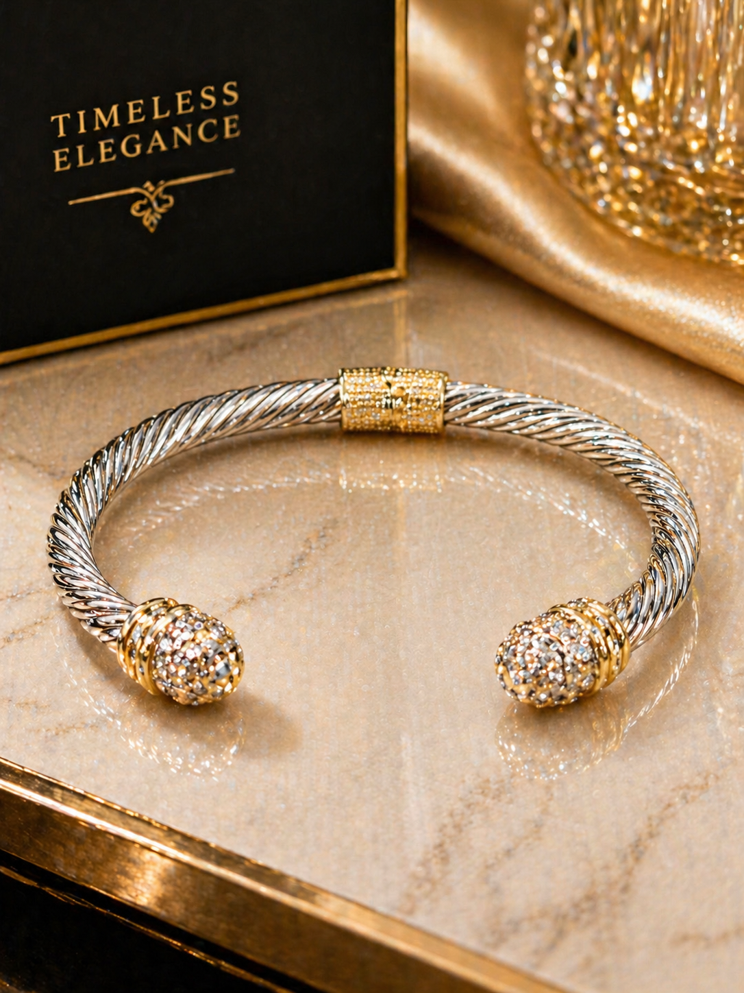 Twisted Two-Tone Crystal Cable Cuff Bracelet