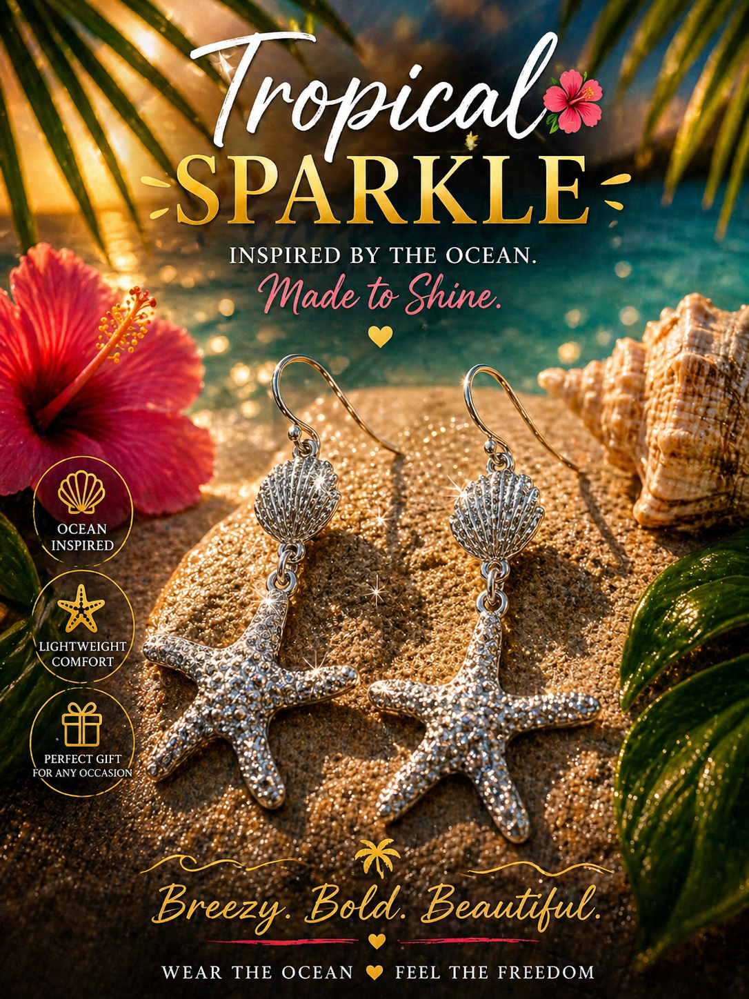 Starfish Dangle Earrings Silver Crystal Metal Hook Lightweight Sea Life Beach