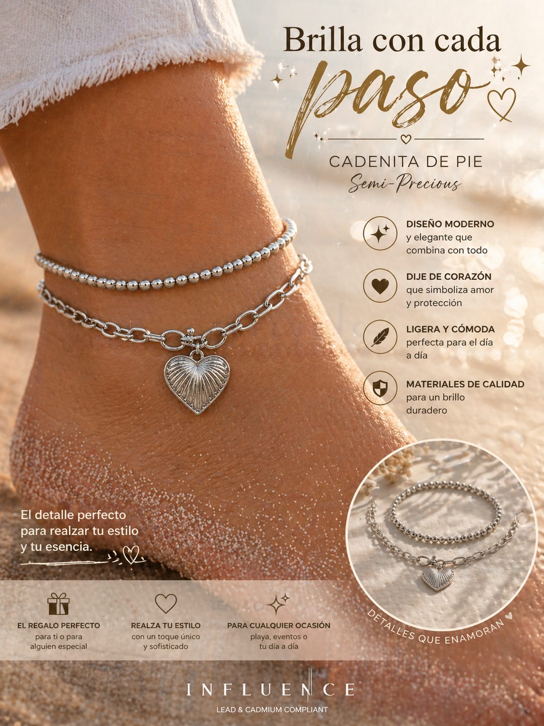 Influence Silver Tone Anklet Set Heart Charm Ball/Bead Cable Chain Love Beach