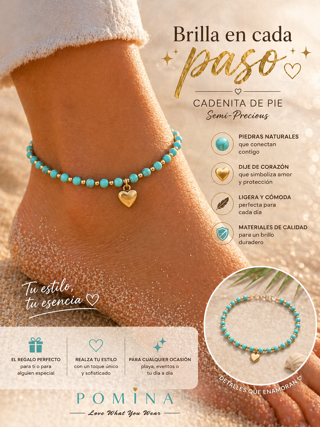 Turquoise Beaded Anklet with Gold Heart Charm for Women | Beach Boho Foot Chain | OLY DESIGN