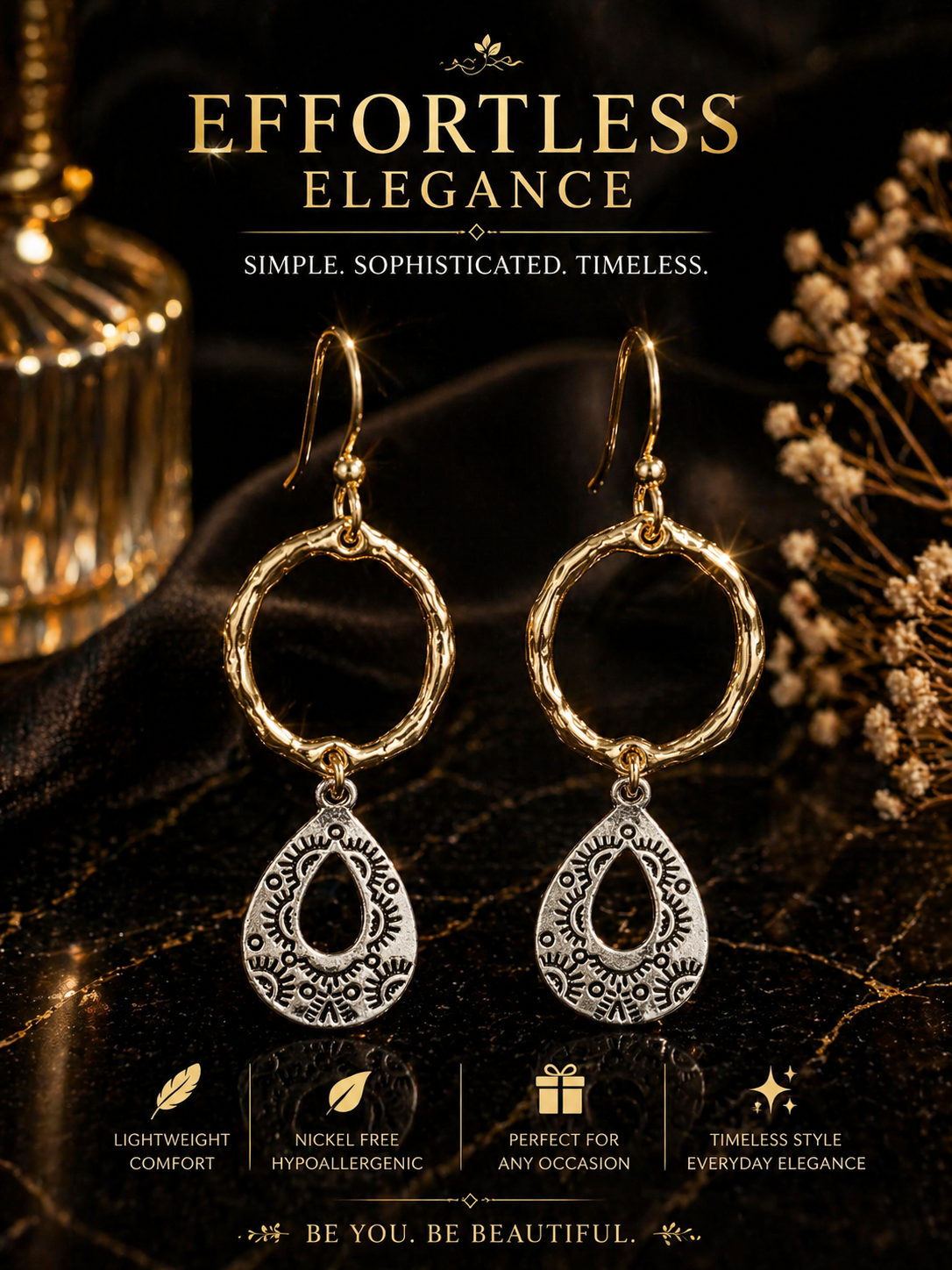 Bohemian Teardrop Dangle Earrings Gold Silver Nickel-Free Lightweight Hook Women