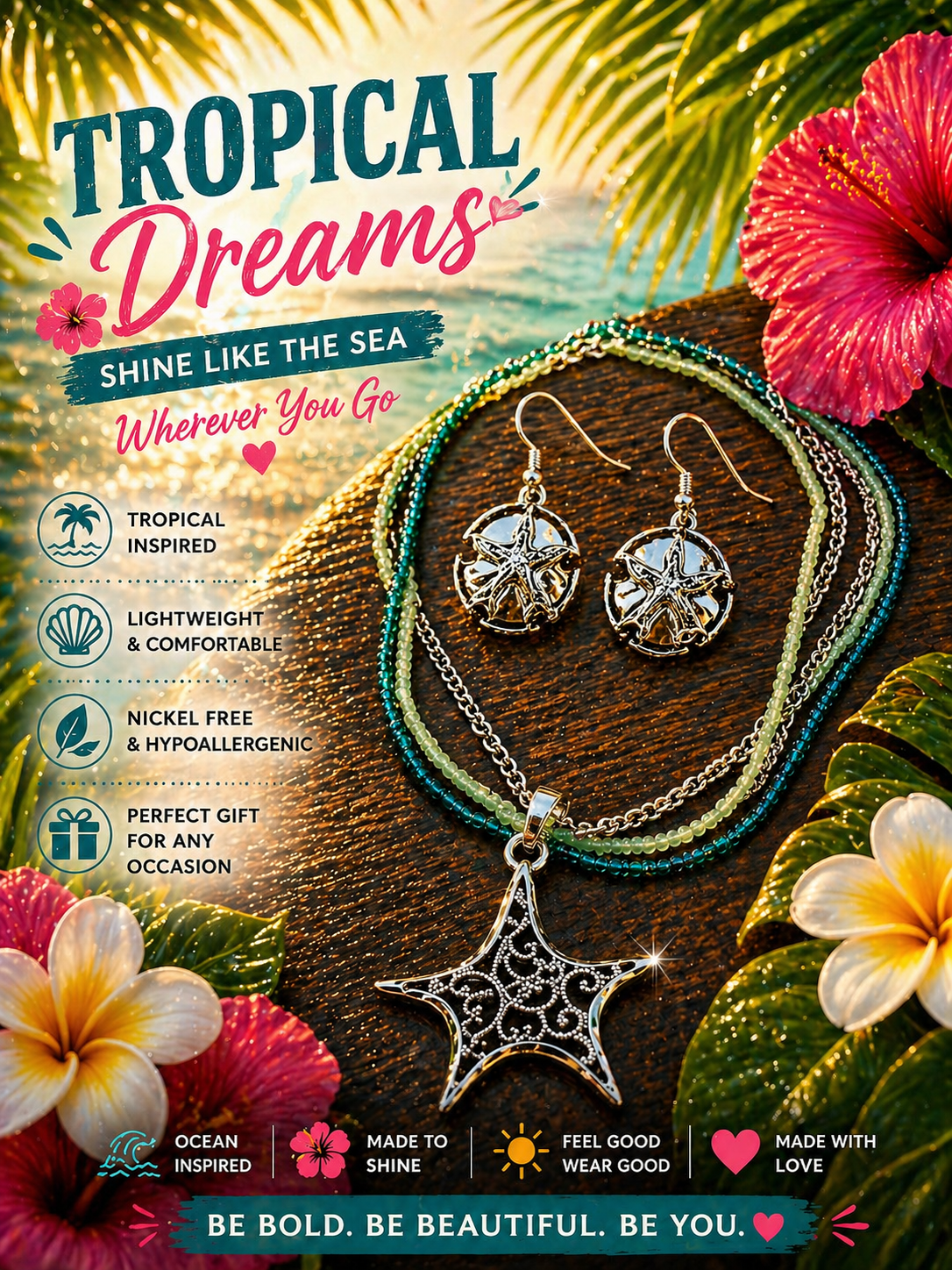 Jewelry Set Necklace Earrings Ocean Beach Nature Silver Green Nickel-Free