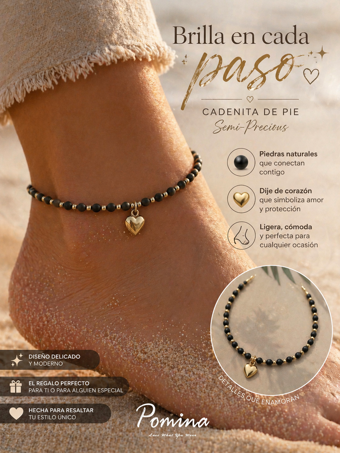 Pomina Beaded Gold Plated Anklet with Heart Charm, Black & Gold, Lightweight
