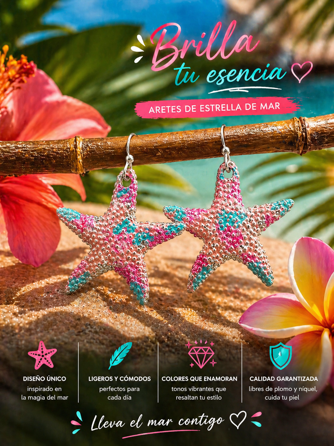 Starfish Dangle Earrings Pink Turquoise Silver Sea Life Nature Hook Women