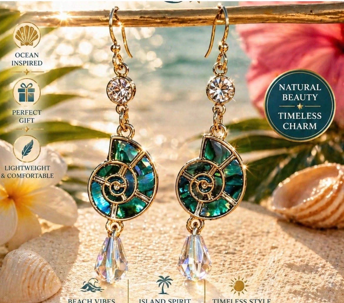 Nautilus Shell Dangle Earrings Gold Green Crystal Metal Hook Sea Life Beach