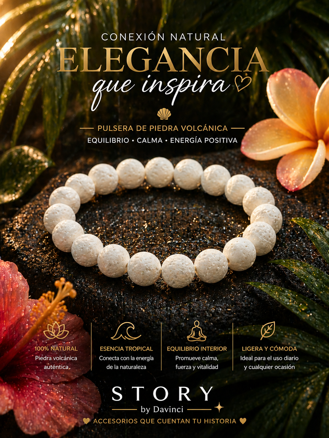 Story by Davinci Volcanic Stone Beaded Bracelet White Natural Healing Theme