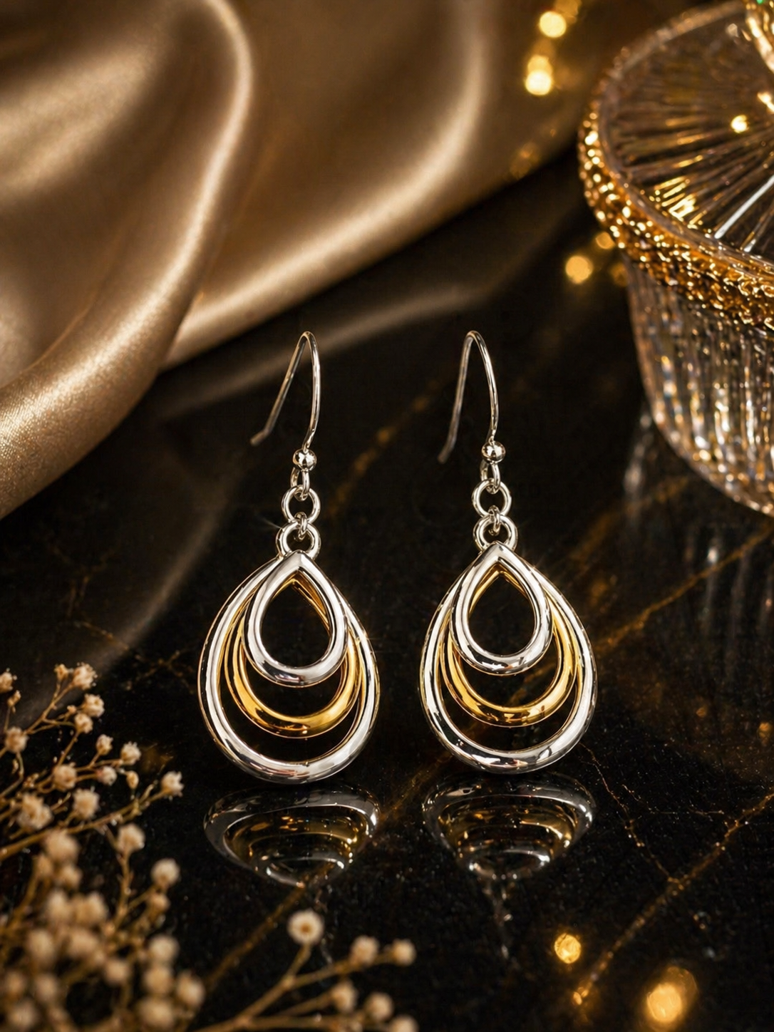 Multi-Tone Gold & Silver Teardrop Dangle Earrings - New with Packaging