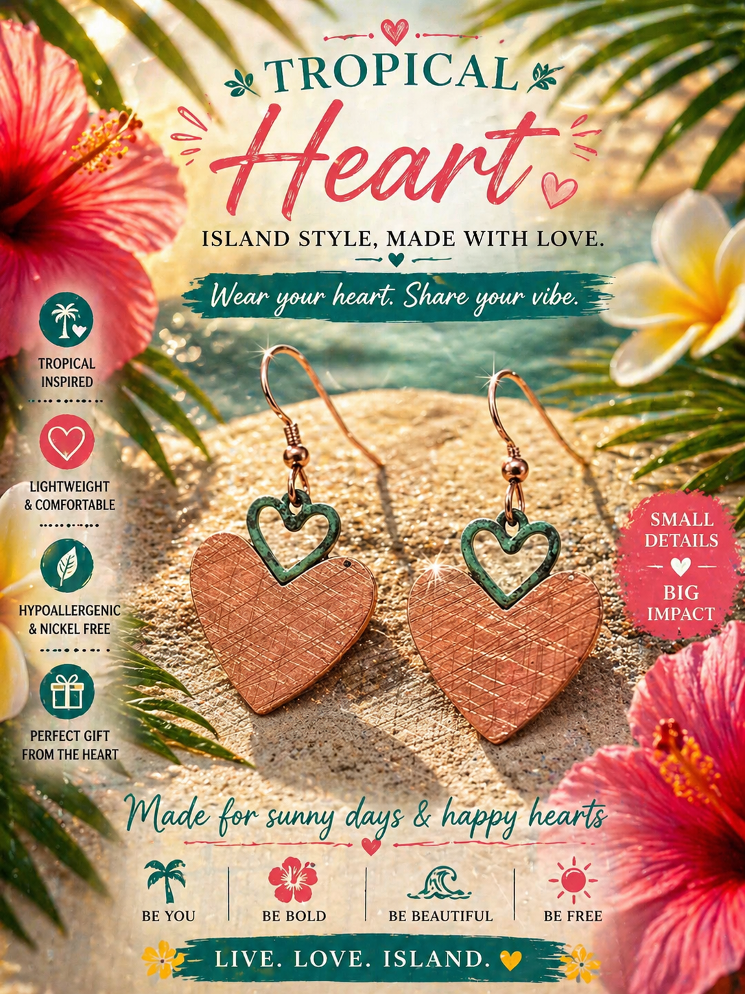 Tropical Heart Dangle Earrings Copper Green Beach Nature Hook Women Lightweight