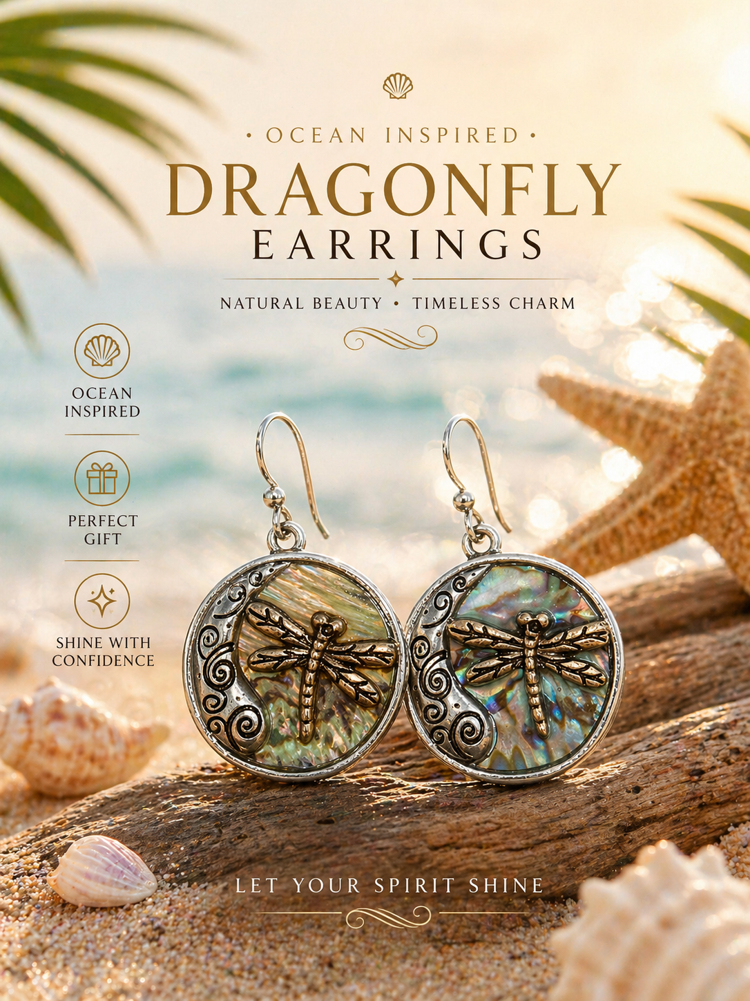 Dragonfly Dangle Earrings Mother of Pearl Abalone Multicolor Hook Ocean