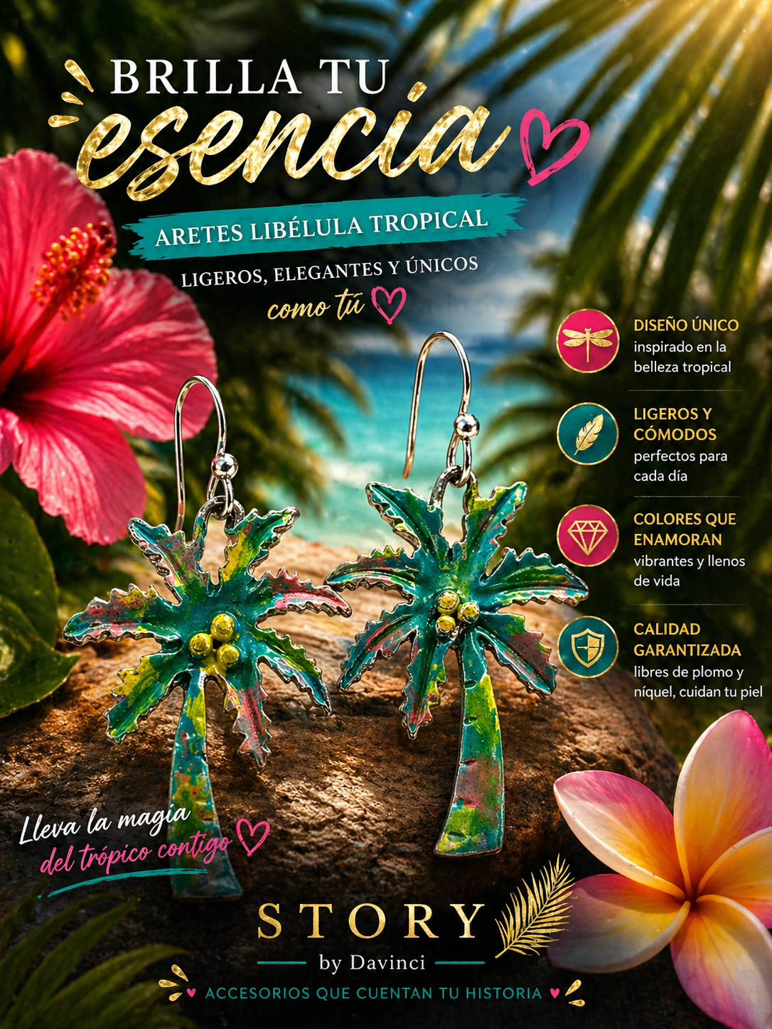 Story by Davinci Tropical Palm Tree Dangle Earrings Multicolor Enamel Hook