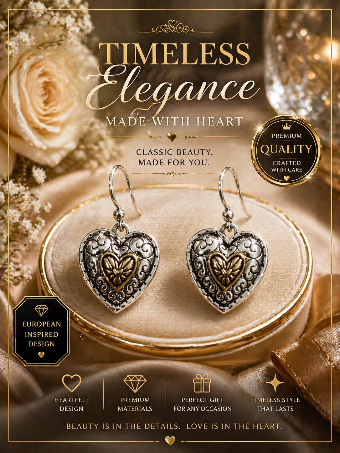 Vintage Heart Filigree Drop Earrings