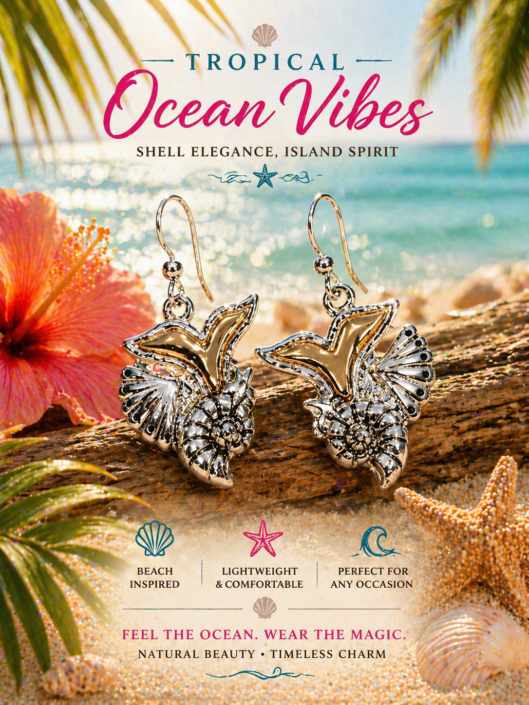 Shell Dangle Earrings Gold Silver Metal Hook Lightweight Beach Nature Vacation