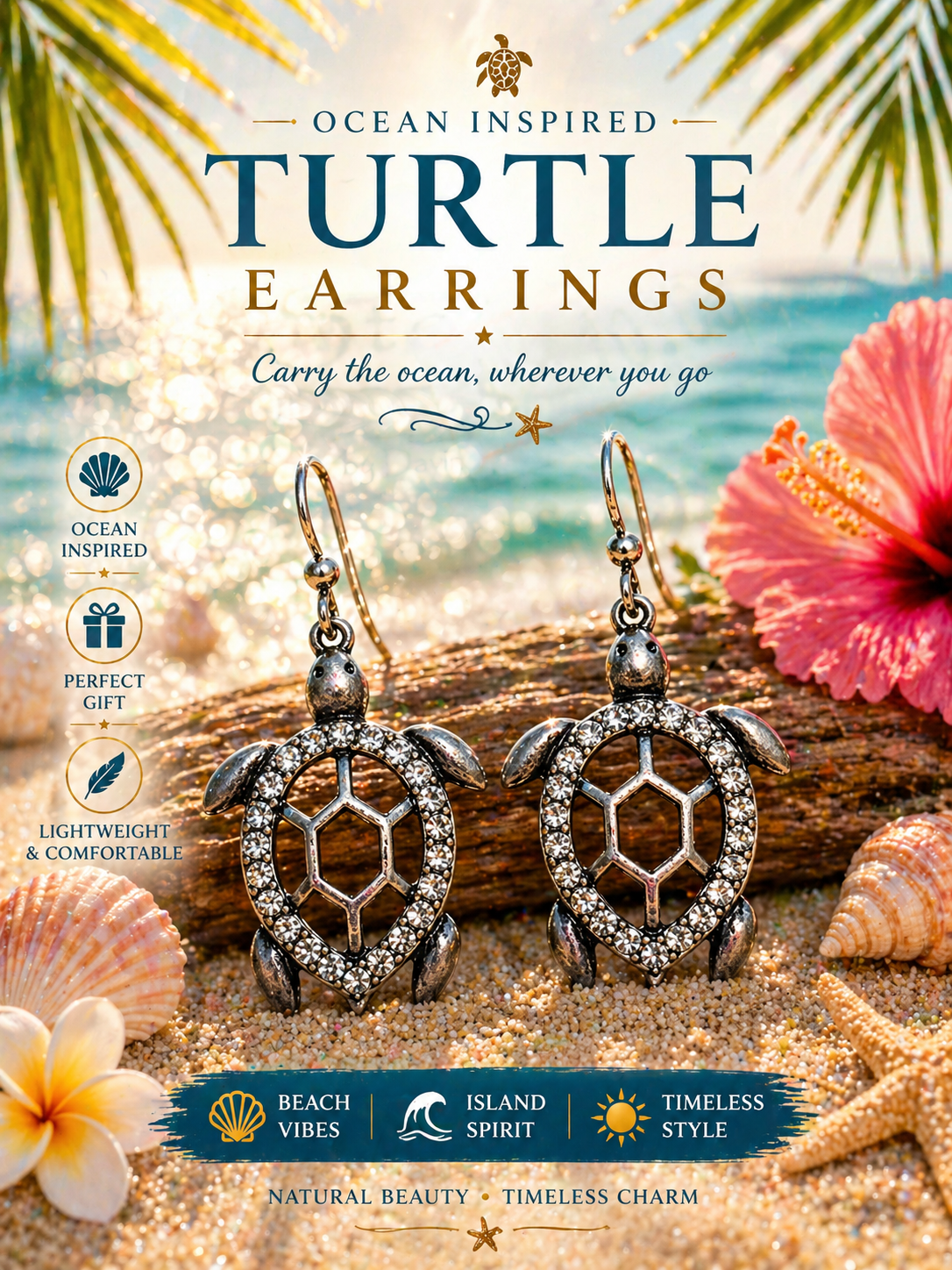 Turtle-Shaped Dangle Earrings Silver Metal Hook Lightweight Sea Life Beach