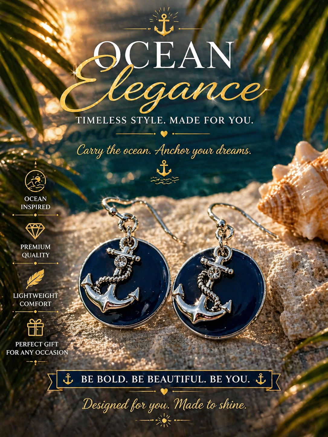 Ocean Elegance Anchor Dangle Earrings Blue Silver Metal Hook Beach Nautical