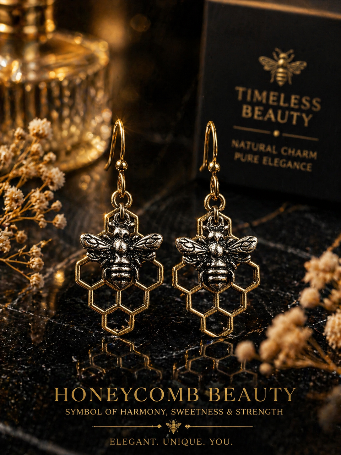 Timeless Beauty Honeycomb Bee Dangle Earrings Gold Brass Nature Hook Women