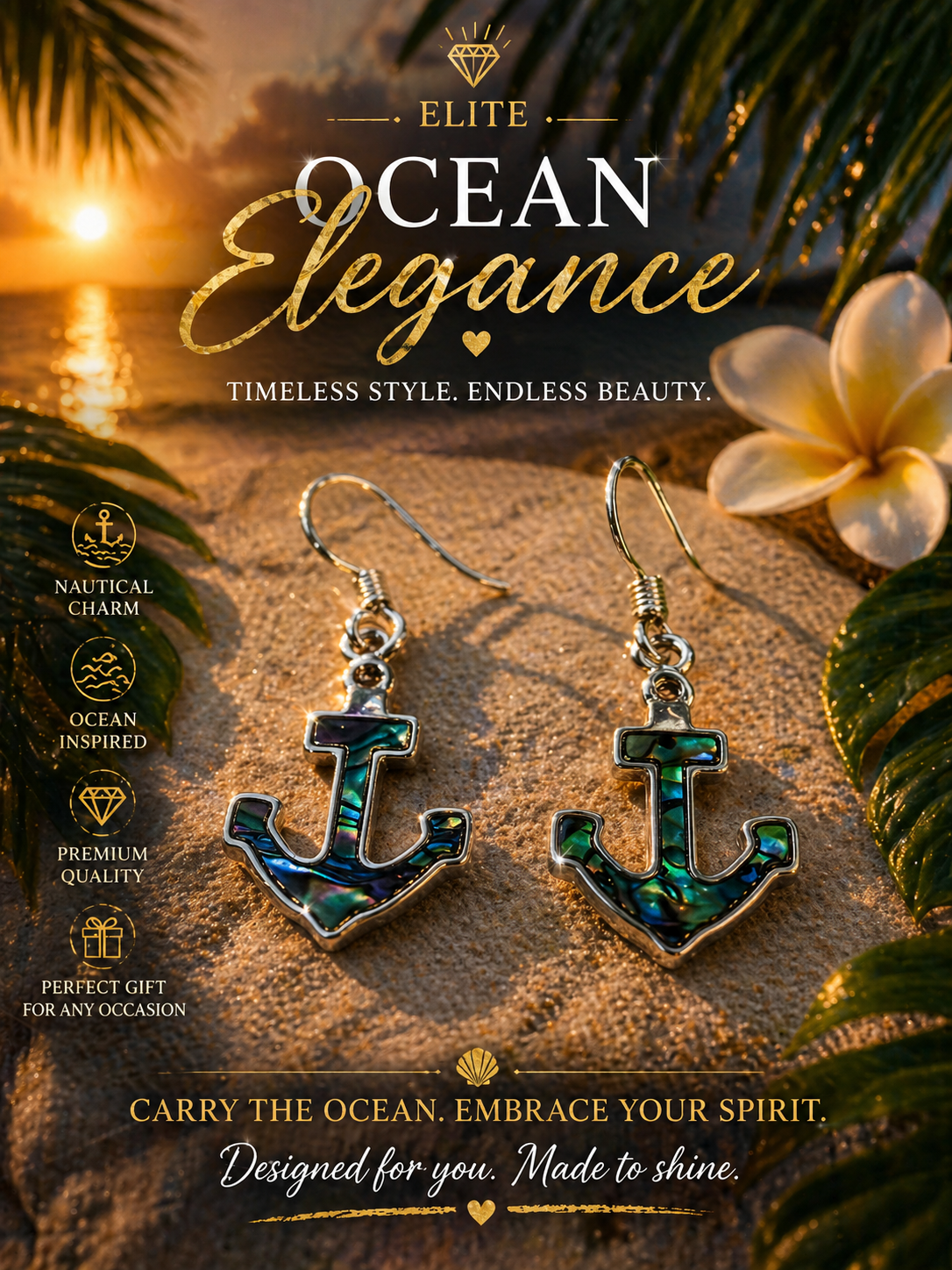 Elite Anchor Dangle Earrings Mother of Pearl Abalone Silver Multicolor Hook Bea…