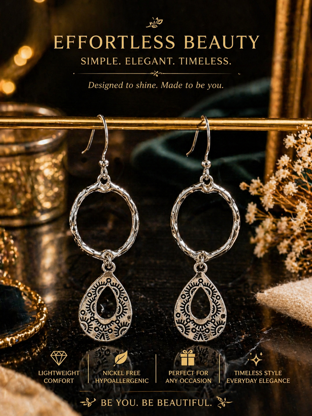 Teardrop Dangle Earrings Silver Metal Hook Lightweight Elegant Fashion