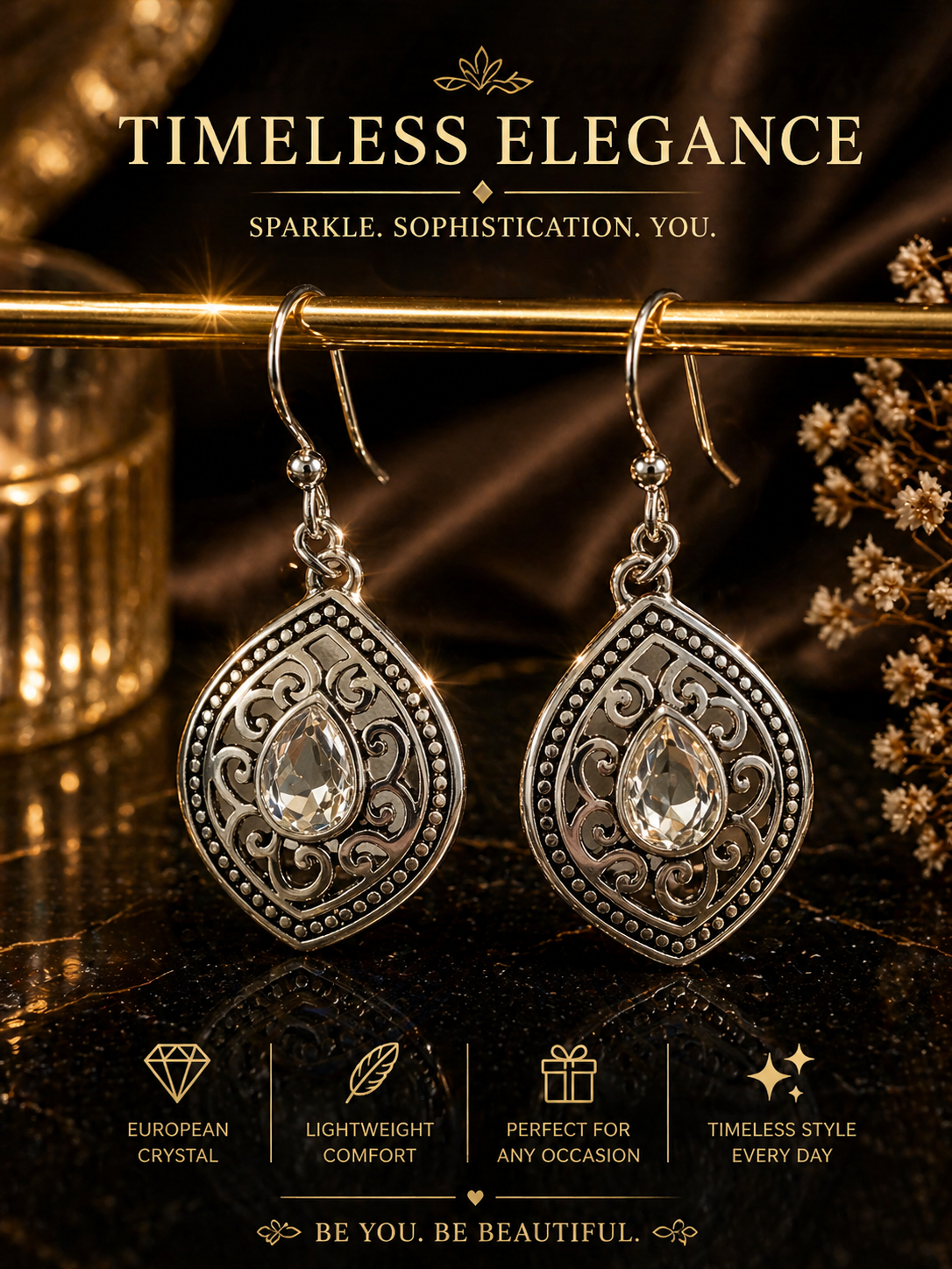 Teardrop Dangle Earrings Silver Tone Metal Hook White/Colorless Crystal