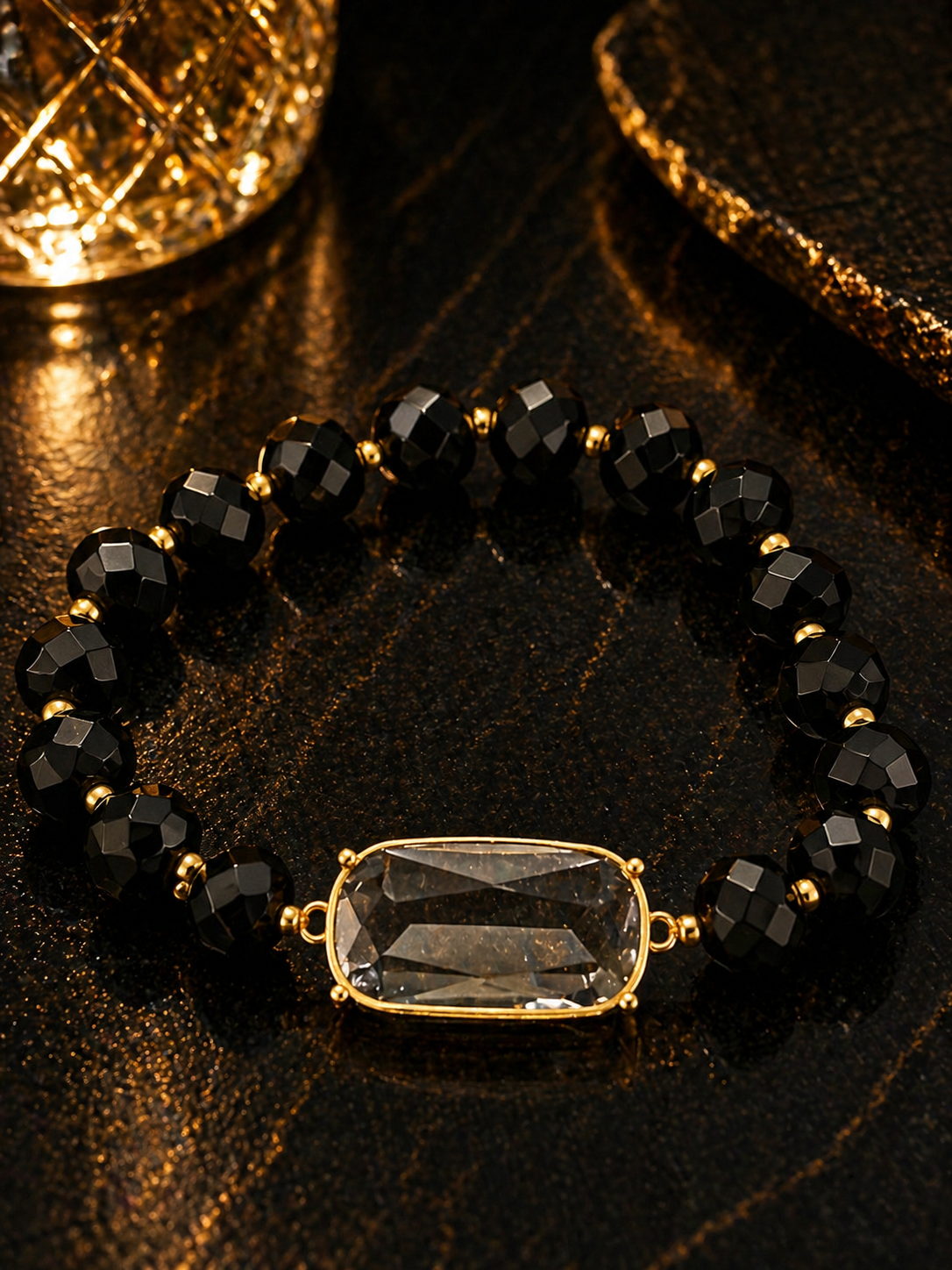 Midnight Elegance Crystal Bracelet – Black Faceted Beads & Smoky Gemstone | OLY DESIGN