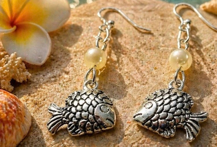 Fish Dangle Earrings Silver Beige Pearl Beach Nature Hook Women Nickel-Free