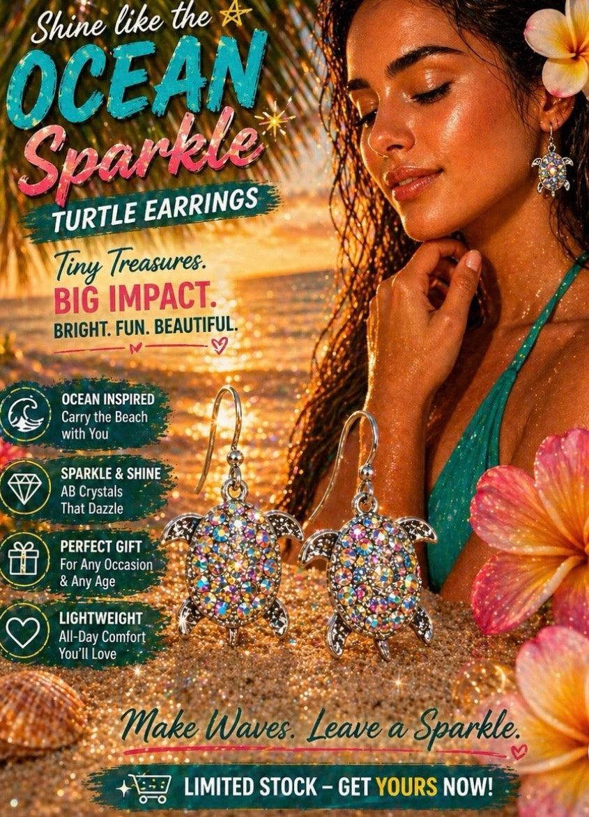 Turtle Dangle Earrings Multicolor Crystal Metal Hook Sea Life Beach Theme