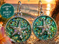 Ocean Sparkle Starfish Dangle Earrings Green Silver Pearl Crystal Handmade